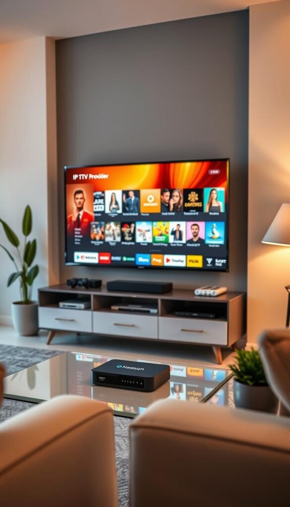 A well-lit, modern living room with a sleek TV stand showcasing various IPTV streaming devices, including a Hoxtoon Provider box. The TV screen displays a vibrant, diverse selection of Spanish content from authorized platforms. Stylish furniture, potted plants, and warm lighting create a cozy, sophisticated atmosphere, reflecting the legality and legitimacy of the streaming experience. The scene conveys a sense of convenience, entertainment, and compliance with Spanish media regulations.