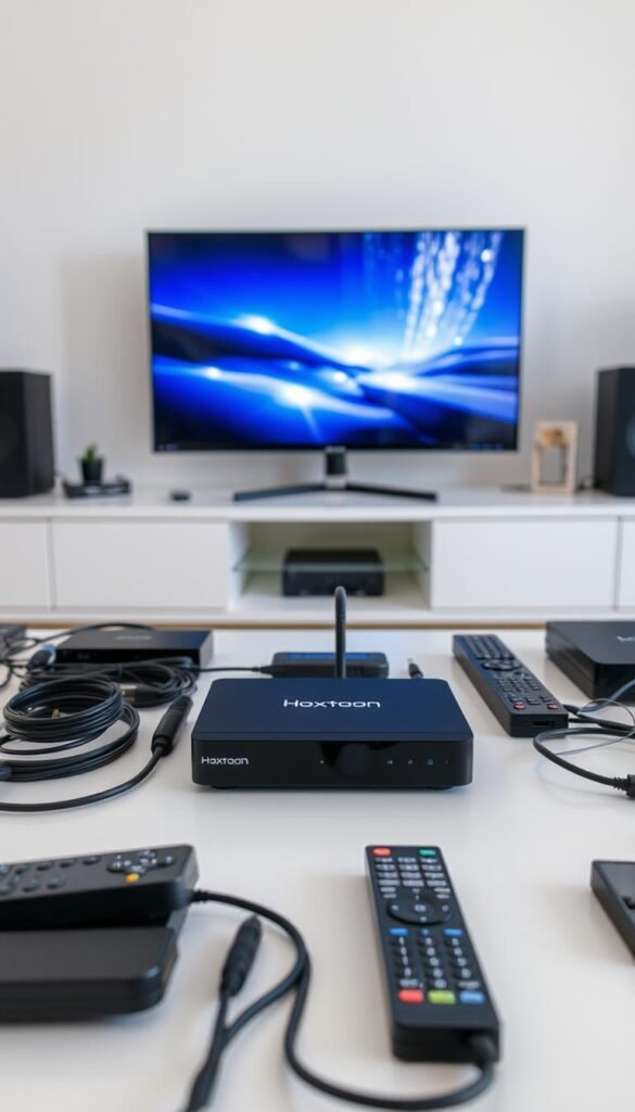 A well-lit, neatly arranged workspace showcasing a modern IPTV streaming setup. In the foreground, a sleek Hoxtoon Provider streaming device sits prominently, its clean lines and minimalist design conveying a sense of high-tech sophistication. Surrounding it, an array of cables, remote controls, and other accessories are meticulously organized, creating a visually appealing and functional arrangement. In the middle ground, a high-definition display shows a vibrant, crystal-clear image, hinting at the exceptional viewing experience provided by the Hoxtoon Provider service. The background features a neutral, clutter-free environment, allowing the IPTV setup to take center stage and emphasize its seamless integration into a modern, minimalist living space.