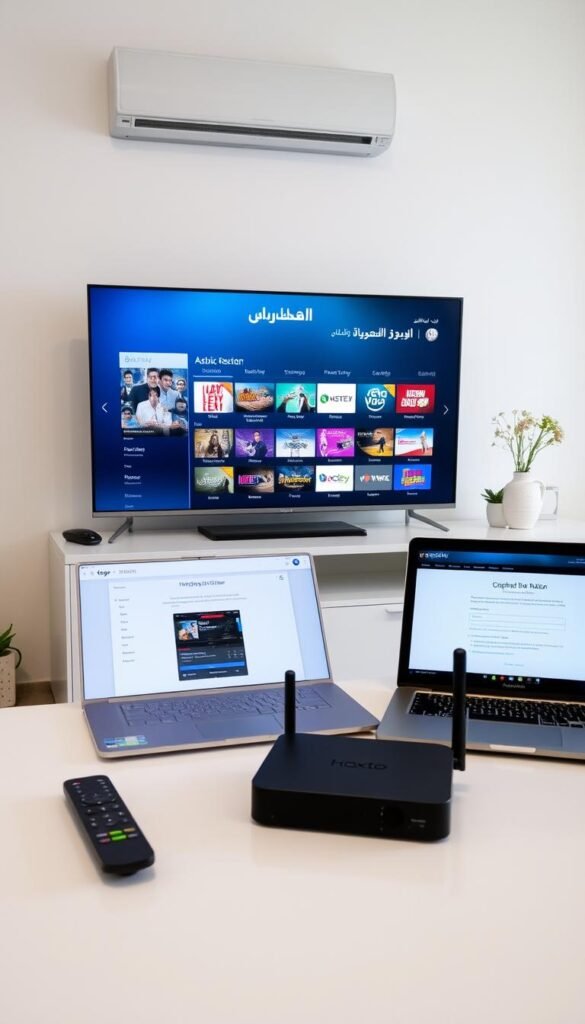 A well-lit, neatly arranged workspace showcasing a reliable Arabic IPTV streaming setup. In the foreground, a modern smart TV displays the Hoxtoon Provider interface, its sleek design and intuitive layout guiding the user through seamless access to a vast library of Arabic content. On the desk, a high-performance streaming device, neatly connected to the TV and a stable internet router, sits alongside a minimalist remote control. The middle ground features a laptop or tablet, open to a configuration page, demonstrating the ease of setting up and managing the Hoxtoon Provider service. In the background, a clean, organized workspace with tasteful decor creates a calming, professional atmosphere conducive to a reliable and enjoyable Arabic IPTV experience.