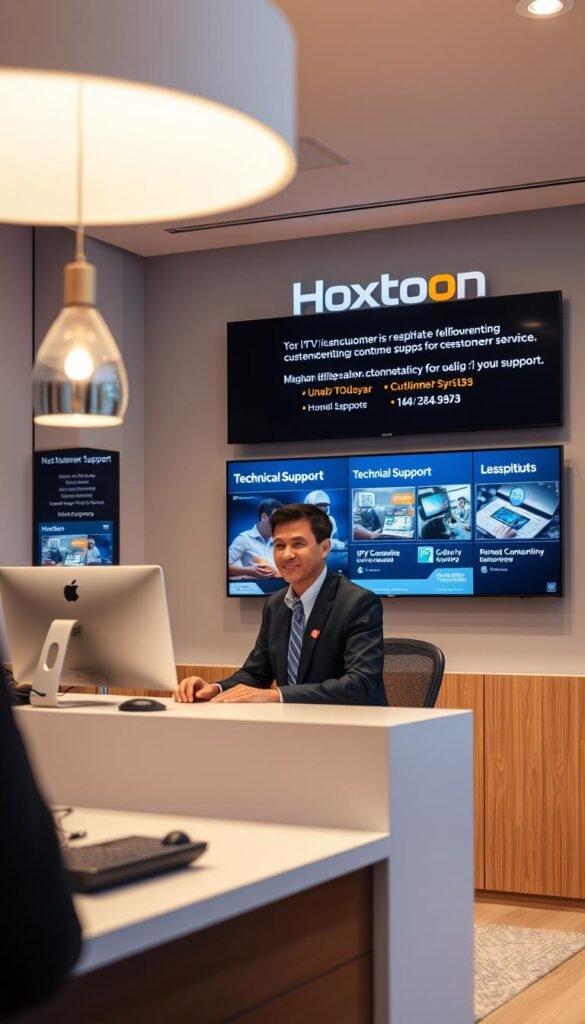 A well-lit office interior with a Hoxtoon Provider customer service desk in the foreground. A professional customer service representative, smartly dressed, is sitting at the desk and assisting a customer. The background features a wall-mounted display showcasing Hoxtoon Provider's IPTV service offerings and technical support information. Soft, warm lighting creates a welcoming atmosphere, conveying a sense of reliability and attentive service. The scene captures the essence of Hoxtoon Provider's commitment to delivering exceptional customer support for its IPTV subscribers.