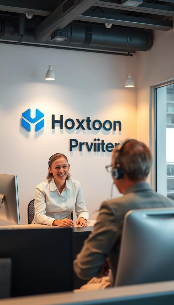 A well-lit office interior with a customer service agent at a desk, dressed in a crisp, professional attire, engaged in a friendly conversation with a customer over a video call. The agent's expression conveys a sense of empathy and their body language suggests an attentive posture. In the background, the Hoxtoon Provider logo is prominently displayed on the wall, along with other branding elements that reinforce the company's reliability and commitment to customer support. The lighting is warm and inviting, creating a welcoming atmosphere. The camera angle is slightly elevated, providing a clear view of the scene and highlighting the professionalism of the customer service experience.