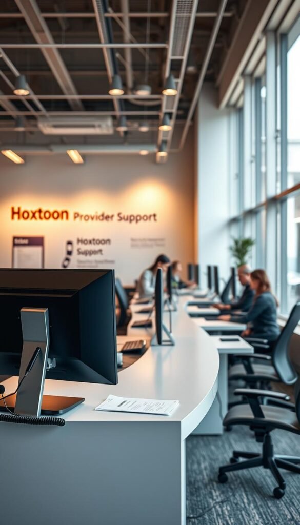 A well-lit office interior with a customer service desk in the foreground. On the desk, a Hoxtoon Provider branded computer and headset. Behind the desk, a row of customer service agents assisting clients. The walls are decorated with Hoxtoon Provider branding and customer support information. Soft, warm lighting creates a professional and welcoming atmosphere. The room is spacious, with large windows allowing natural light to flood the space. The overall impression is one of efficiency, expertise, and a commitment to customer satisfaction.