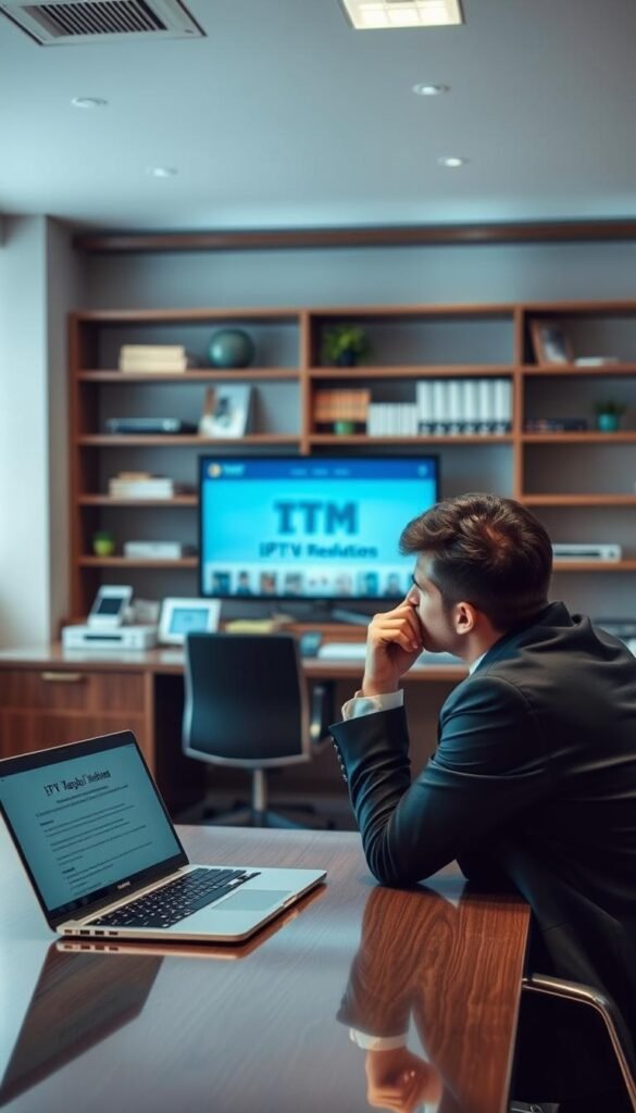A well-lit office interior, with a large desk and shelves in the background. On the desk, a laptop displays legal documents related to IPTV regulations. In the foreground, a person in business attire sits thoughtfully, considering the implications of using the Hoxtoon Provider IPTV service. The scene conveys a sense of careful deliberation and legal awareness around the technicalities of IPTV usage.