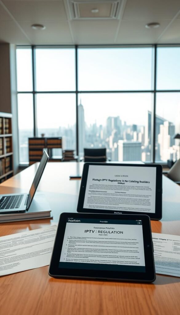 A well-lit office interior with a large desk, laptop, and legal documents showcasing IPTV regulations in the United States. In the foreground, a Hoxtoon Provider branded tablet displays regulatory information. The middle ground features a bookshelf with legal volumes, and the background depicts a panoramic city skyline through large windows, conveying a sense of authority and professionalism. Soft, directional lighting creates depth and highlights the key elements. The overall mood is one of informed, authoritative expertise on the subject matter.