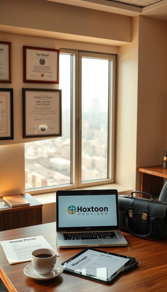 A well-lit office interior with a large window overlooking a cityscape. On a wooden desk, a laptop displays the Hoxtoon Provider logo and various legal documents related to IPTV regulations. A legal briefcase, a tablet, and a cup of coffee are neatly arranged. The walls are adorned with framed certificates and awards, conveying a sense of professionalism and expertise. The lighting is warm and natural, creating a calm and focused atmosphere. The scene suggests a thoughtful consideration of the legal and security aspects of IPTV usage.