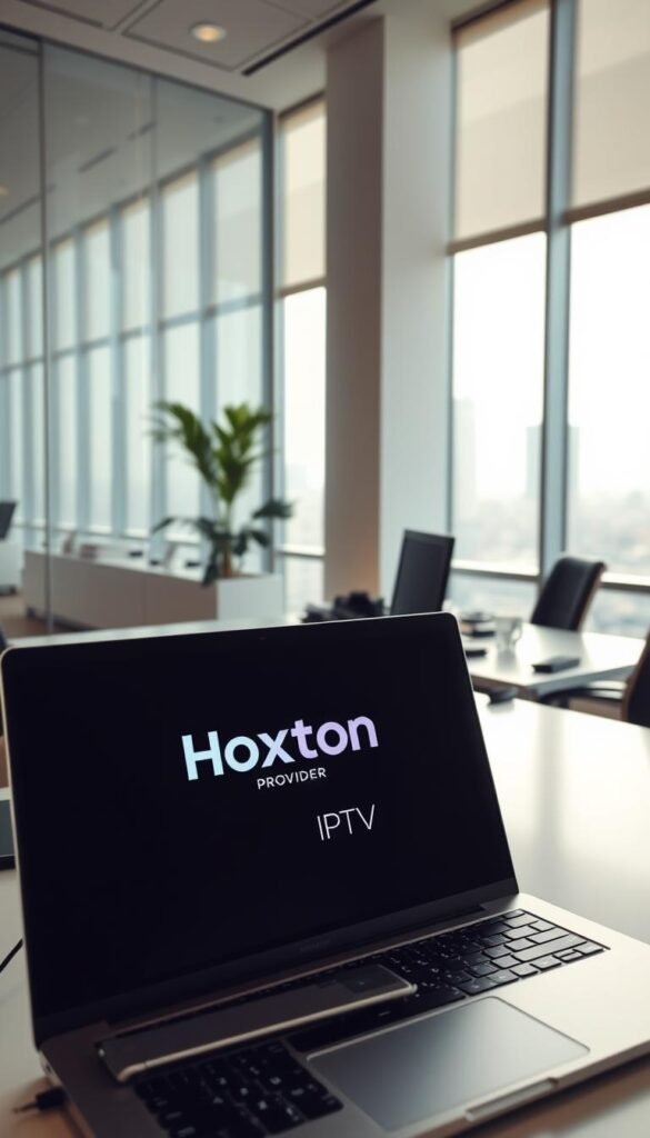 A well-lit office interior with a modern, minimalist aesthetic. In the foreground, a laptop displays the Hoxtoon Provider logo, representing a reliable IPTV service. The middle ground features a clean desk with a phone, remote control, and other neatly organized office supplies, conveying a sense of professionalism and attention to detail. The background showcases large windows overlooking a cityscape, flooding the space with natural light and a calming, sophisticated atmosphere. The overall scene exudes a sense of trustworthiness and dependability, suitable for showcasing the legal and best practice considerations of IPTV usage.