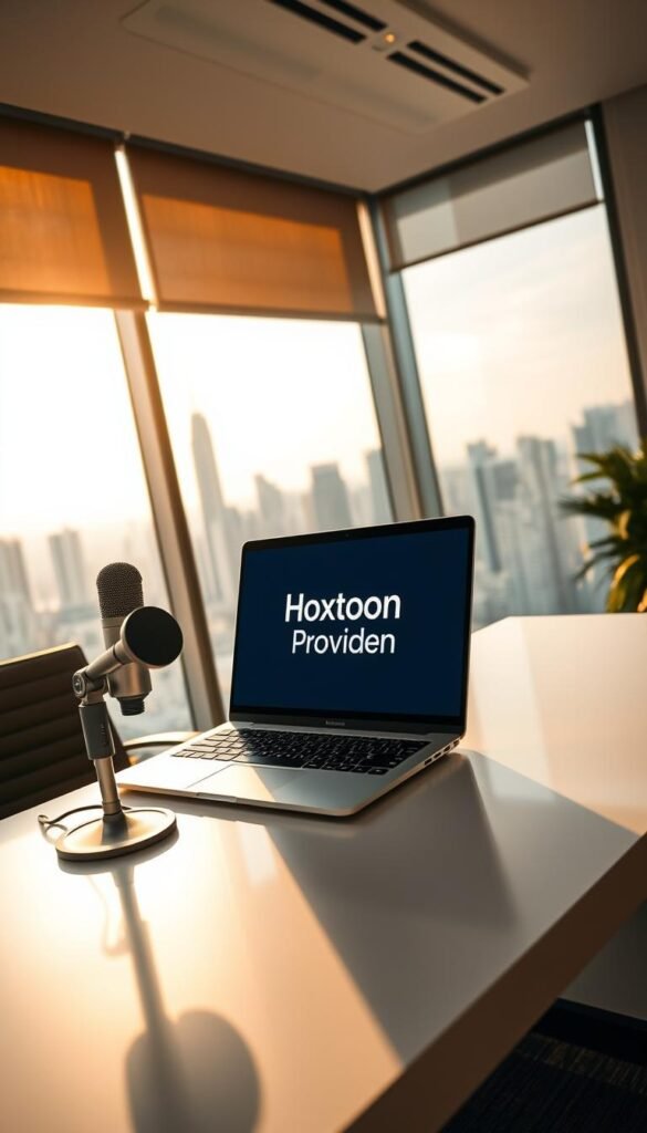 A well-lit office interior with a modern, minimalist aesthetic. On a sleek desk, a laptop displays the "Hoxtoon Provider" logo, flanked by a high-quality microphone and a professional-grade webcam. The background features a large window overlooking a bustling city skyline, bathed in warm, natural lighting. The overall impression is one of reliability, efficiency, and a commitment to delivering a premium IPTV service experience.