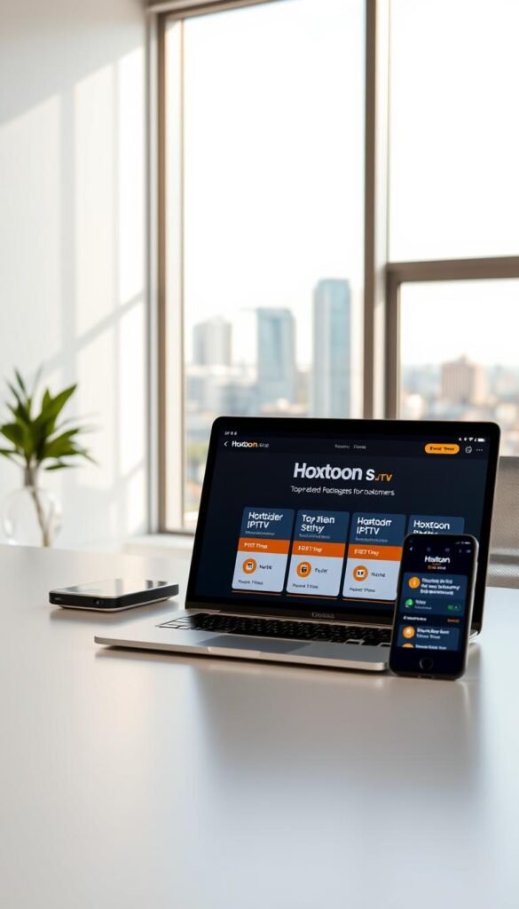 A well-lit office interior with a modern, minimalist aesthetic. On the desk, a laptop and a smartphone display the Hoxtoon Provider IPTV service interface, showcasing their top-rated packages for Romanian customers. In the background, a large window offers a picturesque view of a vibrant city skyline. The lighting is soft and natural, creating a professional and reliable atmosphere. The overall scene conveys a sense of customer-centric service and technical expertise.