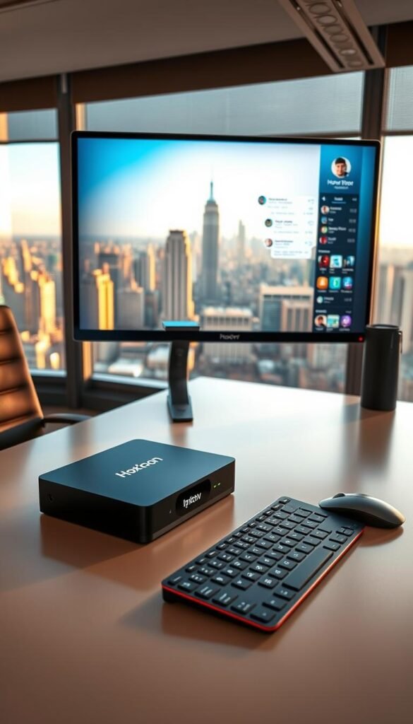 A well-lit office interior with a modern, minimalist desk setup. On the desk, a sleek black IPTV box labeled "Hoxtoon Provider" takes center stage, surrounded by a wireless keyboard, mouse, and a high-resolution monitor displaying a customer support chat interface. The background features large windows overlooking a bustling city skyline, bathed in warm, natural lighting. The overall atmosphere conveys a sense of professionalism, reliability, and attentive customer service.