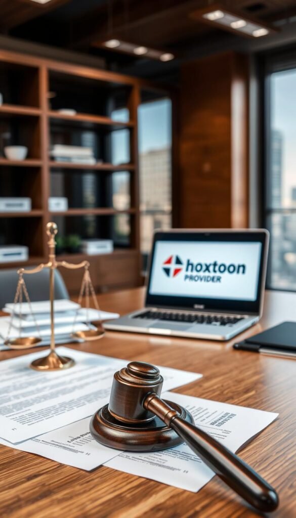A well-lit office interior with a wooden desk, a laptop, and legal documents spread out. In the foreground, a gavel and scales of justice symbolize the legal aspects of IPTV services. In the middle ground, a Hoxtoon Provider logo prominently displayed on the laptop screen. The background features a blurred cityscape, suggesting the broader context of the IPTV industry. The overall mood is one of professionalism and attention to legal compliance.