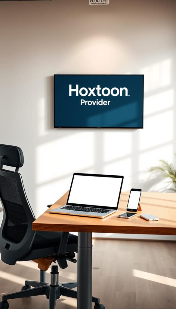 A well-lit office interior with a wooden desk, modern ergonomic chair, and a large wall-mounted monitor displaying the Hoxtoon Provider logo. On the desk, arrange a sleek laptop, a tablet, and a smartphone, all connected and working in harmony. Lighting should be soft and natural, with a warm, inviting atmosphere. The scene should convey the concept of "multi-device support" and the seamless integration of devices, showcasing the capabilities of the Hoxtoon Provider service.