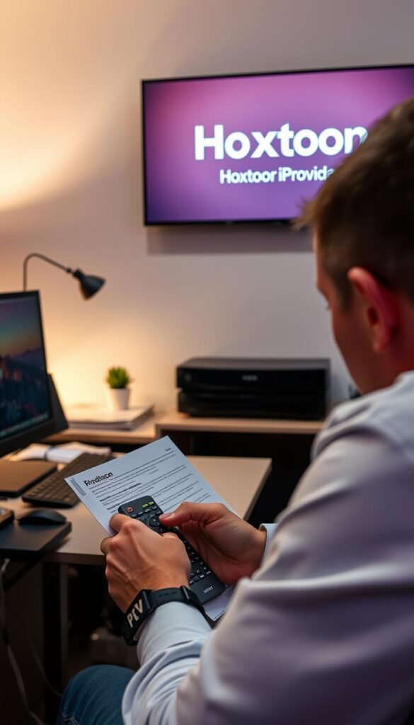 A well-lit office setting with a desk, computer, and various troubleshooting tools. In the foreground, a person sitting at the desk, intently examining an IPTV remote control and troubleshooting documentation. The background features a wall-mounted display showcasing the Hoxtoon Provider logo, signifying the IPTV service being used. Subtle ambient lighting creates a focused, problem-solving atmosphere. The composition emphasizes the centrality of the troubleshooting process, capturing the essence of resolving common IPTV issues for Austrian users.