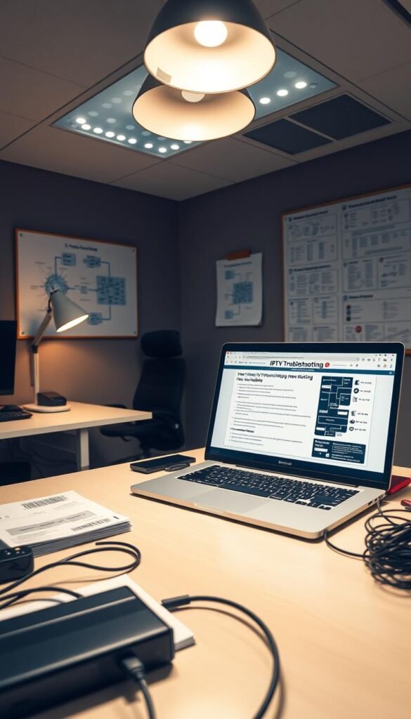 A well-lit office workspace with a laptop displaying an IPTV troubleshooting guide. On the desk, there are technical manuals, cables, and a Hoxtoon Provider IPTV box. The walls are adorned with network diagrams and troubleshooting flowcharts. The lighting is a combination of warm desk lamps and bright overhead fixtures, creating a professional and focused atmosphere. The angle showcases the workspace from a slightly elevated perspective, emphasizing the detailed setup and providing a comprehensive view of the IPTV troubleshooting resources.