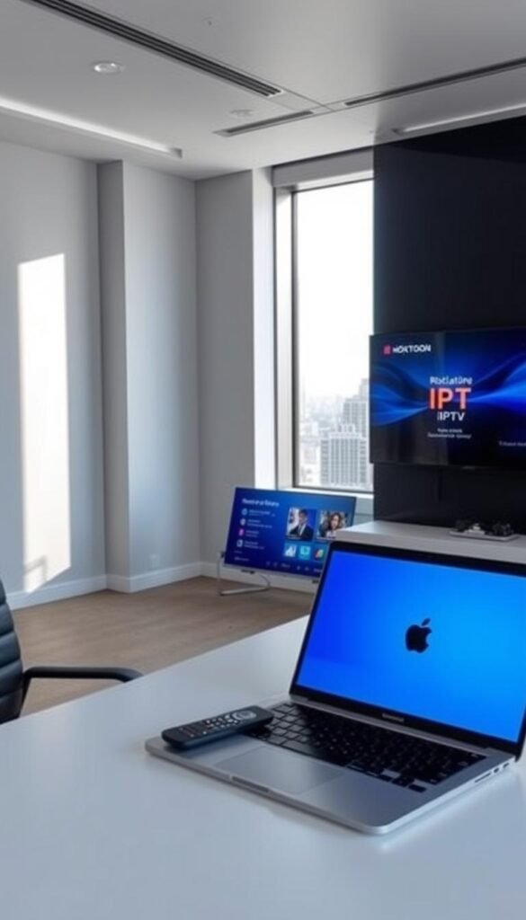 A well-lit, sleek modern office interior with a large display screen showcasing the Hoxtoon Provider IPTV service interface. On the desk, a laptop and remote control, conveying the convenience and reliability of legal IPTV. The room has minimalist decor, natural lighting, and a professional, trustworthy atmosphere. In the background, a cityscape visible through the window, symbolizing the broad availability of the service. The overall scene highlights the benefits of choosing a reputable, licensed IPTV provider.