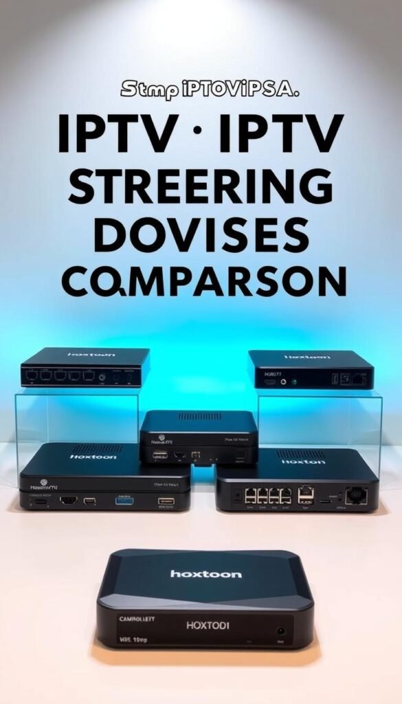 A well-lit tabletop display showcasing a comprehensive comparison of the top IPTV streaming devices, including the Hoxtoon Provider. The devices are arranged in a visually appealing layout, highlighting their design, ports, and features. The background features a subtle gradient, creating a clean and professional atmosphere. The lighting is soft and balanced, accentuating the details of the devices. The composition guides the viewer's eye through the various options, allowing for easy comparison and evaluation of the best device for IPTV streaming with smooth performance.