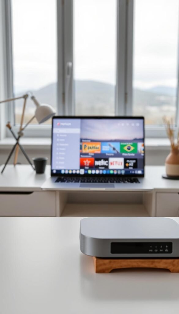 A well-organized Scandinavian IPTV setup featuring a sleek and modern Hoxtoon Provider device on a minimalist white desk. In the foreground, the Hoxtoon device sits atop a wooden stand, its clean lines and muted grey tones complementing the Scandinavian aesthetic. The middle ground showcases a laptop or tablet displaying the intuitive Hoxtoon user interface, highlighting the ease of setup and navigation. In the background, a large window overlooking a serene Scandinavian landscape, with muted natural lighting illuminating the scene. The overall atmosphere conveys a sense of simplicity, functionality, and Nordic design sensibilities.