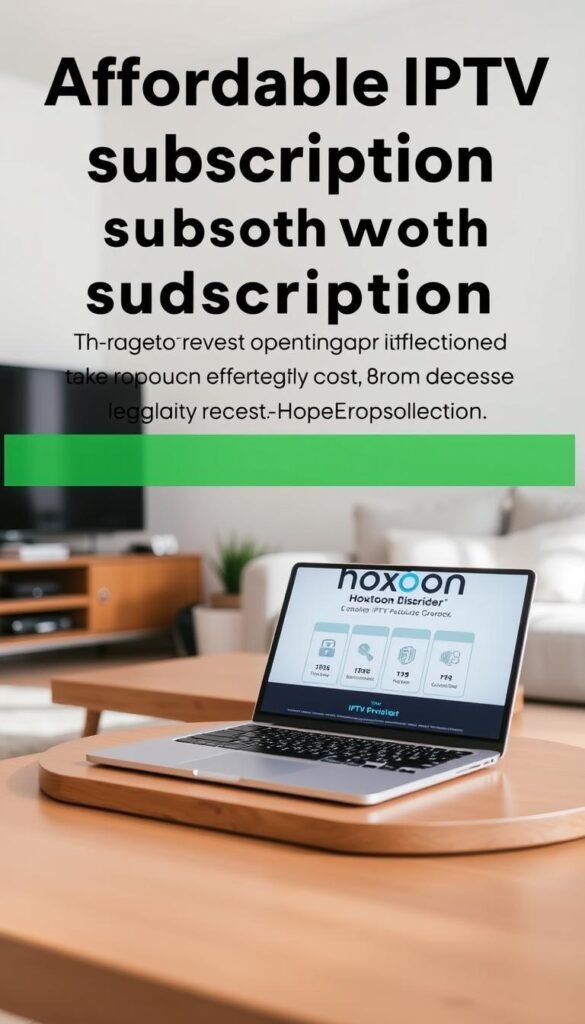 Affordable IPTV subscription with Hoxtoon Provider: a clean, modern living room scene with a laptop or tablet on a wooden table, displaying the Hoxtoon Provider logo and IPTV service details. Soft, natural lighting illuminates the space, creating a welcoming and trustworthy atmosphere. The room is uncluttered, emphasizing the simplicity and accessibility of the IPTV offering. The overall composition conveys a sense of reliability, legality, and cost-effectiveness for the European market.