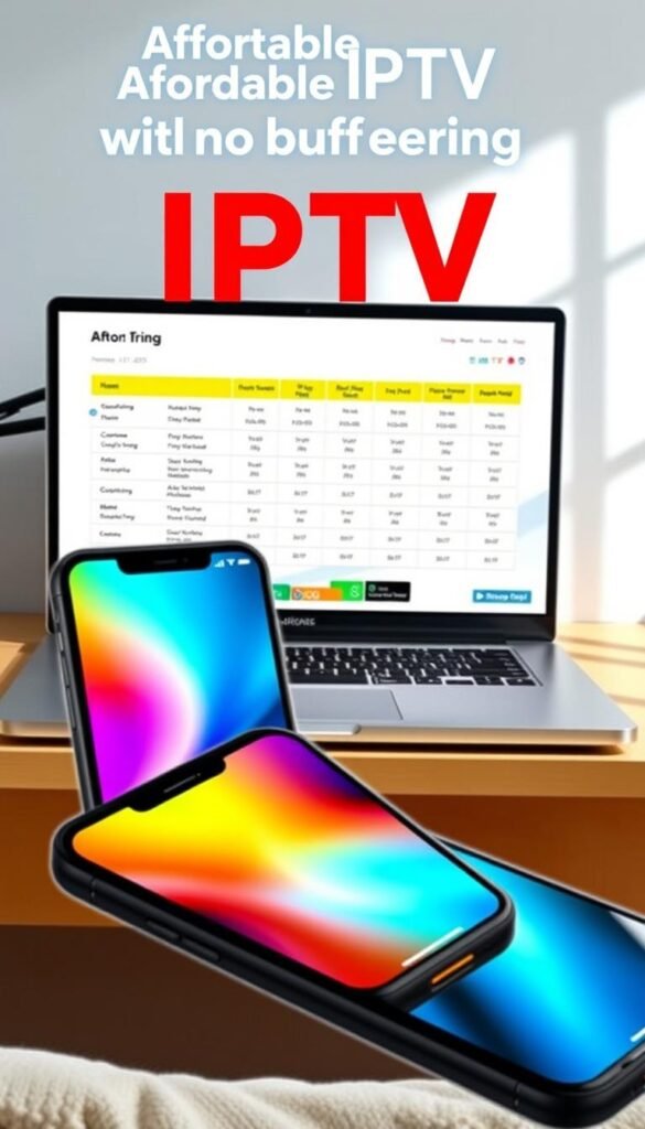 Affordable IPTV with no buffering, a sleek and modern interface showcasing the Hoxtoon Provider brand. In the foreground, a smartphone display presents a seamless streaming experience, with vibrant colors and crisp resolution. The middle ground features a laptop, open to a pricing comparison table, highlighting the comprehensive and budget-friendly plans available. In the background, a minimalist home office setup with clean lines and natural lighting, creating a sense of productivity and efficiency. The overall atmosphere conveys a reliable, accessible, and hassle-free IPTV solution for every viewer's needs.