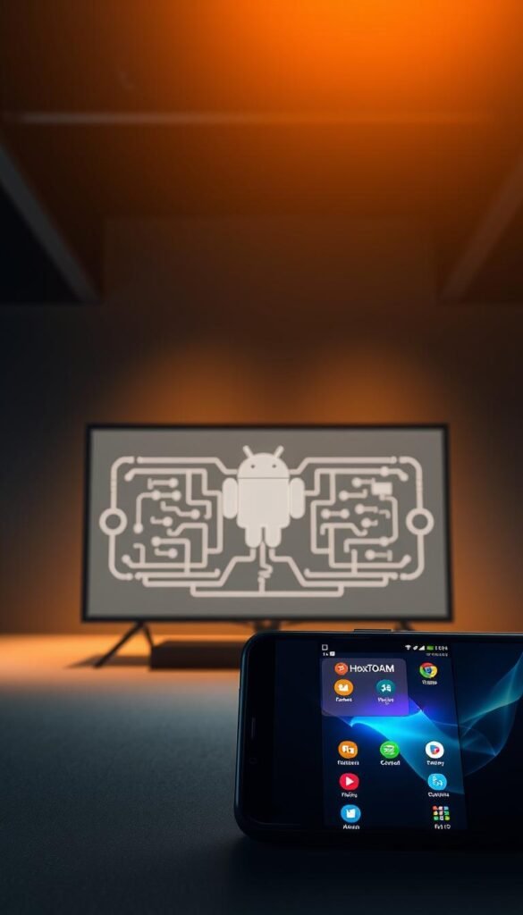 An Android-based IPTV service, featuring the Hoxtoon Provider brand, showcased against a sleek, minimalist backdrop. In the foreground, a modern Android smartphone displays the Hoxtoon app interface, its intuitive design and vibrant colors capturing the user's attention. The middle ground features a stylized, technical diagram illustrating the IPTV service's seamless integration with the Android platform, highlighting compatibility and ease of use. In the background, a dimly lit, industrial-style setting with clean lines and subtle metallic accents, conveying a sense of advanced technology and reliability. Warm, diffused lighting creates a cohesive, premium atmosphere, showcasing the Hoxtoon Provider's Android-compatible IPTV service as a sophisticated, cutting-edge solution.