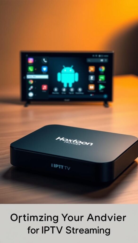 An IPTV box for Android, sleek and compact, resting on a minimalist wooden surface. The device's matte black exterior is accentuated by subtle LED indicators, exuding a modern, high-tech aesthetic. In the foreground, a Hoxtoon Provider logo is prominently displayed, signifying the quality and reliability of the streaming service. The mid-ground features a stylized Android operating system interface, showcasing the intuitive user experience. The background is softly blurred, creating a sense of depth and focus on the IPTV box as the central subject. Warm, directional lighting casts subtle shadows, adding depth and dimension to the scene. The overall mood is one of sleek, sophisticated technology, perfectly suited for the "Optimizing Your Android Device for IPTV Streaming" section of the article.