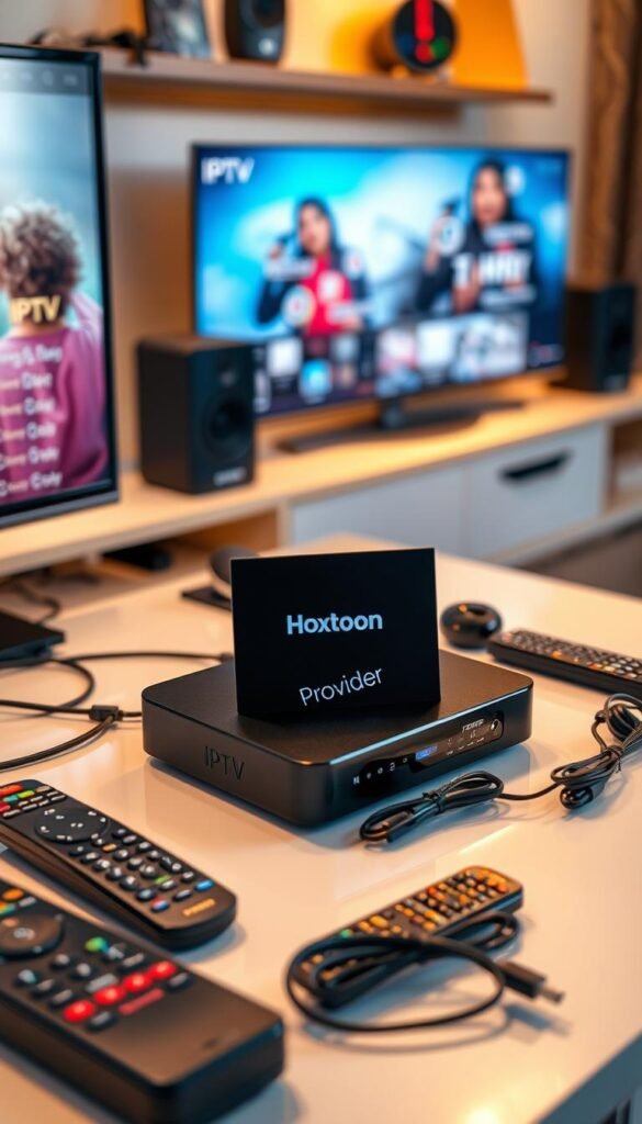 An IPTV box sitting prominently on a sleek, modern desk, its Hoxtoon Provider branding clearly visible. The box is surrounded by various remote controls, cables, and other accessories, suggesting a comprehensive home entertainment setup. The lighting is soft and warm, creating a cozy and inviting atmosphere. The image is captured from a slightly elevated angle, showcasing the box's elegant design and the attention to detail in the overall scene. The background is blurred, keeping the focus on the IPTV box and its accessories.