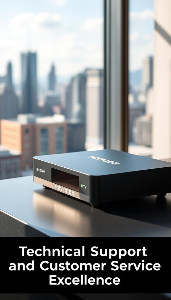 An IPTV box with a lifetime subscription, sitting atop a sleek, modern desk. The box is the Hoxtoon Provider model, with a matte black finish and clean, minimalist design. Soft, directional lighting from the side casts subtle shadows, highlighting the textures and details of the device. In the background, a blurred city skyline is visible through a large window, conveying a sense of urban sophistication. The scene exudes a professional, high-quality atmosphere, reflecting the "Technical Support and Customer Service Excellence" theme.