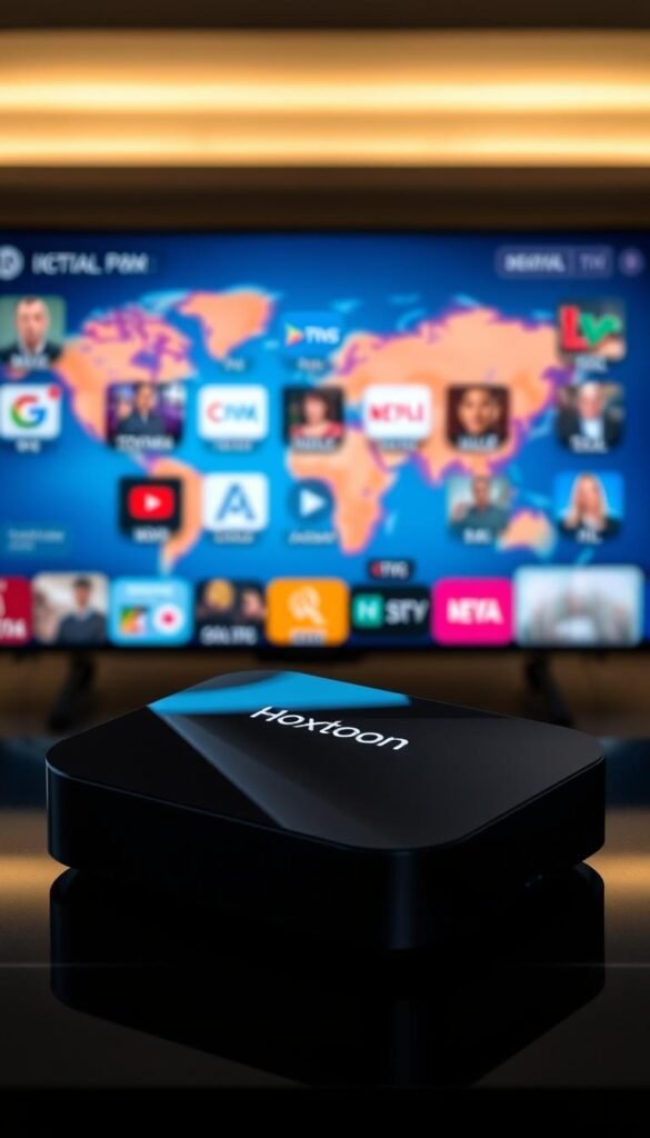 An IPTV receiver box showcasing a diverse array of global channels, the Hoxtoon Provider displays a sleek, modern design with a glossy black finish. Crisp 4K resolution and a user-friendly interface allow seamless navigation through a vast library of international content, from news and sports to movies and documentaries. Elegant metallic accents and a slim, compact profile create a premium aesthetic, while advanced networking capabilities ensure stable, high-quality streaming. Soft, directional lighting illuminates the device, highlighting its minimalist yet sophisticated appearance in a cozy, ambient setting.
