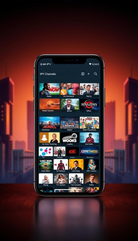 An array of diverse IPTV channels displayed on a sleek, modern iPhone interface. The screen shows a grid of vibrant thumbnails representing a wide range of content, from live news and sports to on-demand movies and TV shows. In the background, a stylized cityscape with skyscrapers and bridges creates an urban, futuristic atmosphere, complementing the advanced technology of the Hoxtoon Provider IPTV service. Warm, soft lighting illuminates the scene, creating a sense of sophistication and premium quality. The layout is clean, intuitive, and visually appealing, inviting the user to explore Hoxtoon's extensive content library.