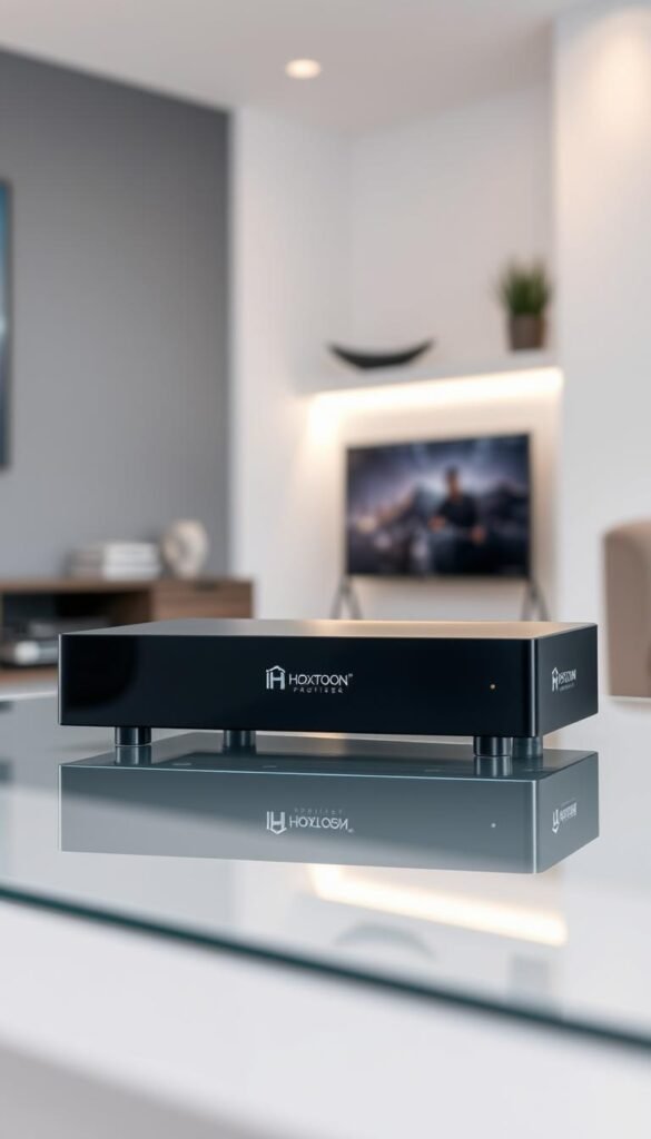 An elegant IPTV box resting on a sleek, modern glass-top table, surrounded by a minimalist, well-lit environment. The box, emblazoned with the "Hoxtoon Provider" branding, showcases its multi-device connectivity, allowing the user to stream content on up to 6 devices simultaneously. The scene is captured with a shallow depth of field, emphasizing the box's design and functionality, while the background is softly blurred, creating a sense of focus and attention on the central subject. The overall mood is one of sophistication, technology, and seamless media consumption.