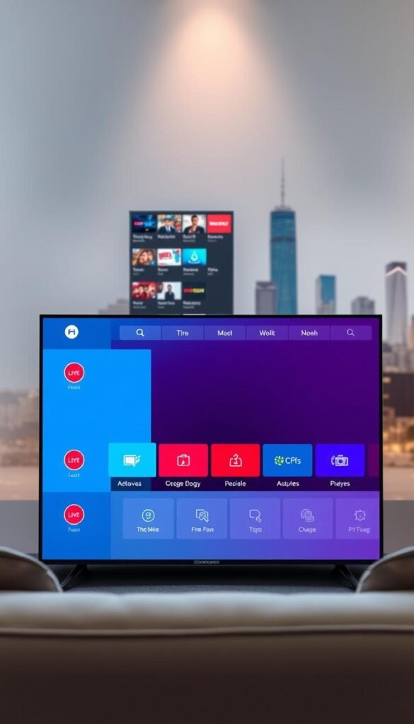 An elegant and intuitive IPTV user interface designed by Hoxtoon Provider. In the foreground, a sleek, high-definition display showcases a curated selection of live channels and on-demand content. The middle ground features a clean, minimalist navigation menu with intuitive icons and smooth transitions. In the background, a subtle, blurred cityscape provides a sophisticated and modern ambiance, complementing the user's immersive viewing experience. The lighting is soft and natural, creating a warm and inviting atmosphere. The camera angle is slightly elevated, giving the viewer a comfortable and comprehensive overview of the interface. This design seamlessly combines functionality, aesthetics, and the Hoxtoon Provider brand identity.