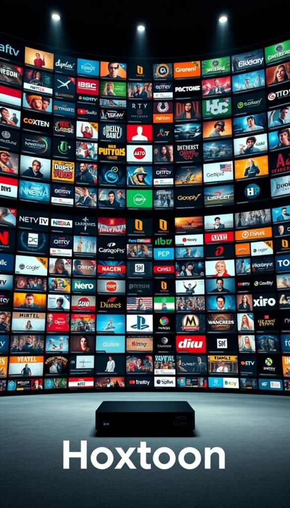 An expansive and meticulously curated digital entertainment hub, Hoxtoon Provider's extensive channel library showcases a vibrant tapestry of content. Sophisticated camera angles and cinematic lighting capture the sheer scale and depth of this multimedia powerhouse, its numerous channels and streaming options arranged in a visually striking, seamless grid. The overall scene exudes a sense of technological prowess and content abundance, inviting the viewer to explore Hoxtoon's vast universe of entertainment possibilities. In the foreground, a central focal point highlights the Hoxtoon brand name, radiating a sense of premium quality and reliability. Subtle ambient lighting and muted color tones create a polished, professional atmosphere, perfectly suited to illustrate the comprehensive nature of this IPTV service.