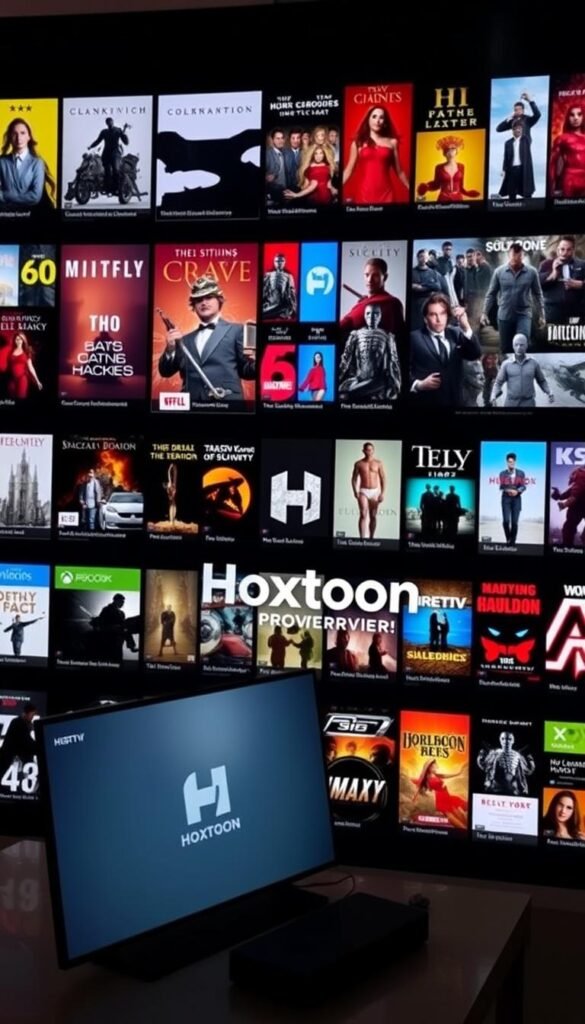 An expansive and well-organized IPTV content library, showcasing a diverse array of movies, TV shows, and live channels. The library is displayed on a sleek, modern interface with a clean, minimalist design. The Hoxtoon Provider logo is prominently featured, conveying a sense of professionalism and reliability. The lighting is soft and diffused, creating a warm and inviting atmosphere. The camera angle is slightly elevated, providing a comprehensive view of the library's breadth and depth. The overall mood is one of accessibility, quality, and a curated, user-friendly experience.