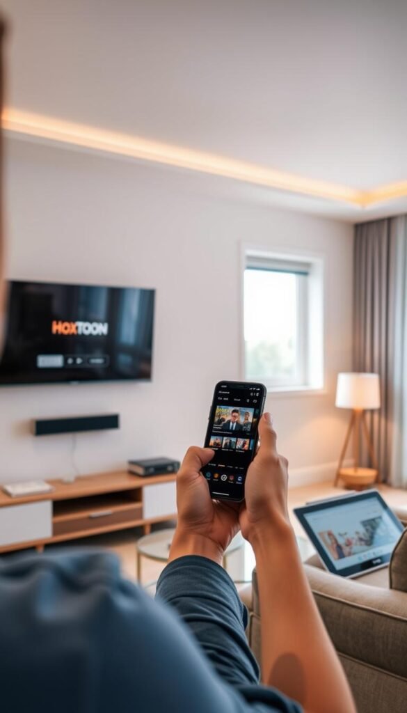 An interior scene of a modern living room with a large flatscreen TV mounted on the wall. In the foreground, a person is using a smartphone to navigate the Hoxtoon Provider IPTV service, with a tablet and laptop also visible showcasing the multi-device compatibility. The room is well-lit with a combination of natural light from a window and soft, indirect lighting, creating a warm and inviting atmosphere. The decor is minimalist and contemporary, with clean lines and neutral tones. The overall mood conveys the ease and convenience of accessing a wide range of live and on-demand TV content across various devices through the Hoxtoon Provider IPTV service.