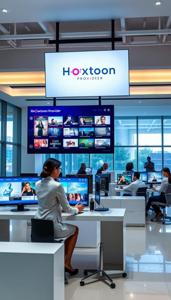An interior scene of a modern technology office showcasing on-demand IPTV services. In the foreground, a customer service agent in a crisp, professional outfit seated at a sleek, minimalist desk, assisting a client on a state-of-the-art touchscreen display. Overhead, a large screen displays the Hoxtoon Provider logo and interface, showcasing a wide selection of live and on-demand content. The middle ground features other agents collaborating at adjacent workstations, creating a bustling, productive atmosphere. The background depicts a spacious, well-lit open-plan office with large windows, contemporary furnishings, and a subtle, calming color palette. Subtle ambient lighting and a sense of modern efficiency convey the reliable, high-quality customer support and service guarantees.