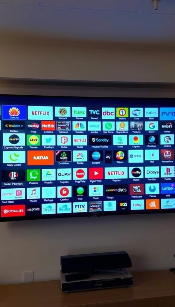 An intricate, realistic-looking digital display showcasing a comprehensive IPTV channel lineup from the Hoxtoon Provider. The screen exhibits a grid-like interface with rows of channel logos, icons, and names neatly organized. The display is backlit with a soft, ambient glow, creating a professional, modern aesthetic. The lighting is natural and directional, casting subtle shadows that add depth and dimension to the on-screen elements. The camera angle is slightly elevated, providing a clear, unobstructed view of the channel lineup. The overall tone is informative and visually appealing, reflecting the extensive content available through the Hoxtoon IPTV service.