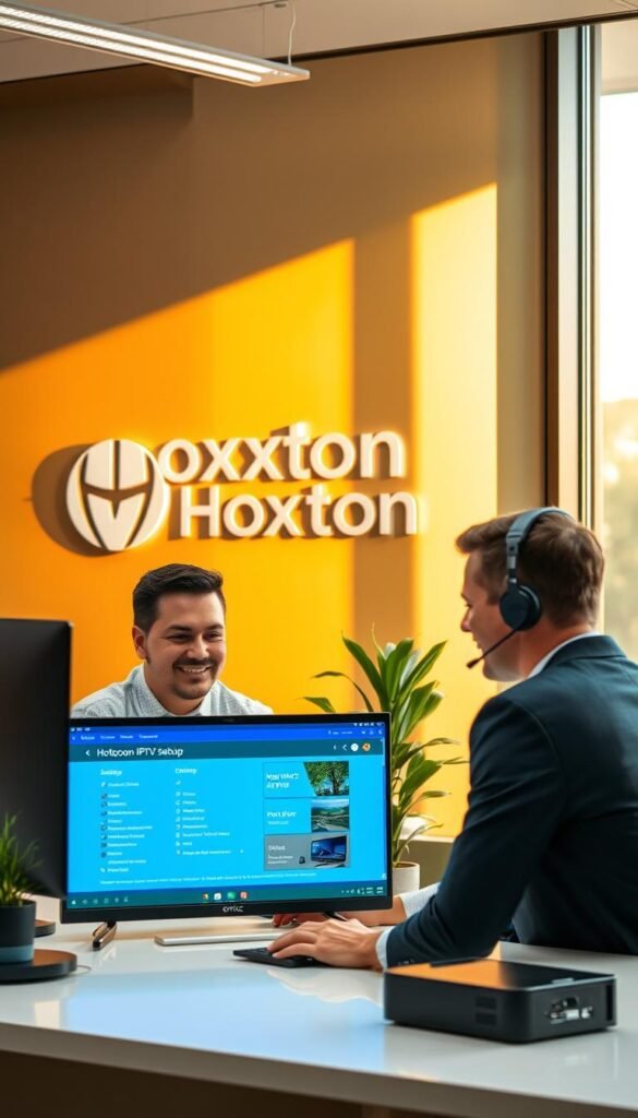 An office interior with a customer support agent at a desk, helping a client with an IPTV setup. The agent is dressed professionally and appears friendly, providing guidance on a laptop screen. Behind them, the wall displays the Hoxtoon Provider logo, conveying the brand identity. The room is well-lit with warm, natural lighting filtering through large windows, creating a welcoming atmosphere. The desk is neatly organized, and the overall scene suggests a focus on customer service excellence.