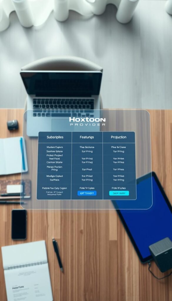 An overhead view of a modern and minimalist workspace, with a laptop, smartphone, and various stationery items arranged neatly on a wooden table. In the center, a floating holographic display showcases the "Hoxtoon Provider" IPTV subscription plans, presented in a clean and organized manner. The plans are divided into tiers, with clear pricing, features, and value propositions highlighted. The lighting is soft and diffused, creating a professional and inviting atmosphere. The background is blurred, keeping the focus on the IPTV plans and creating a sense of depth.