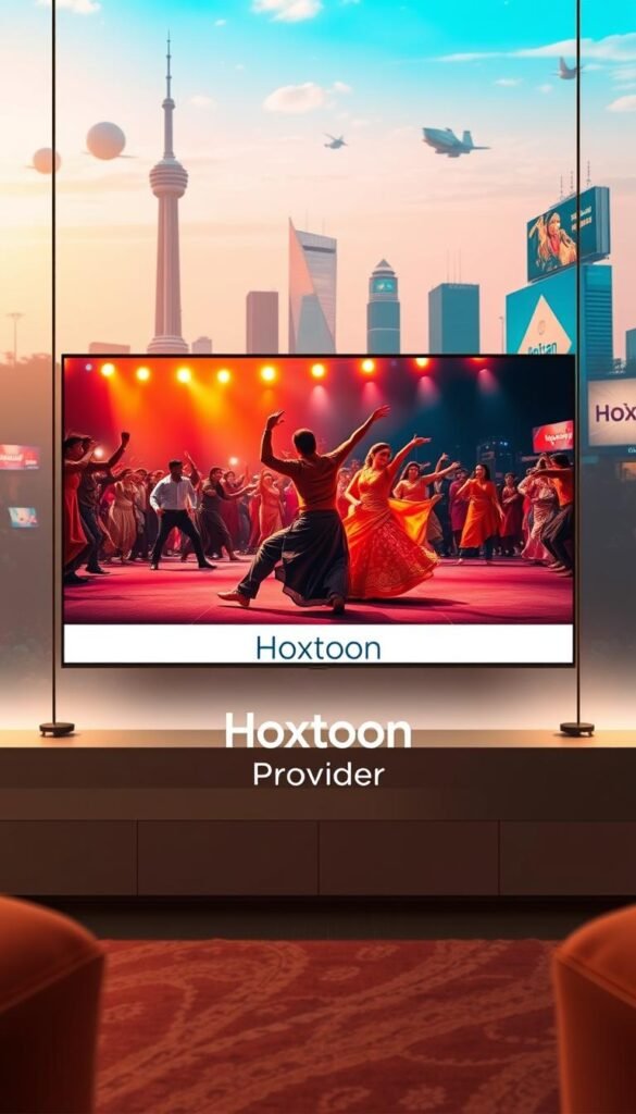 An ultra-modern IPTV system showcasing the latest in Indian entertainment technology. In the foreground, a sleek, high-definition display streams a vibrant Bollywood dance performance. The middle ground features the Hoxtoon Provider branding, conveying the reliable service that powers this immersive viewing experience. In the background, a stylized cityscape with towering skyscrapers and neon-lit billboards evokes the pulsing energy of urban India. Soft, warm lighting bathes the scene, creating a cinematic atmosphere. The overall impression is one of cutting-edge innovation meeting the rich cultural tapestry of the subcontinent.