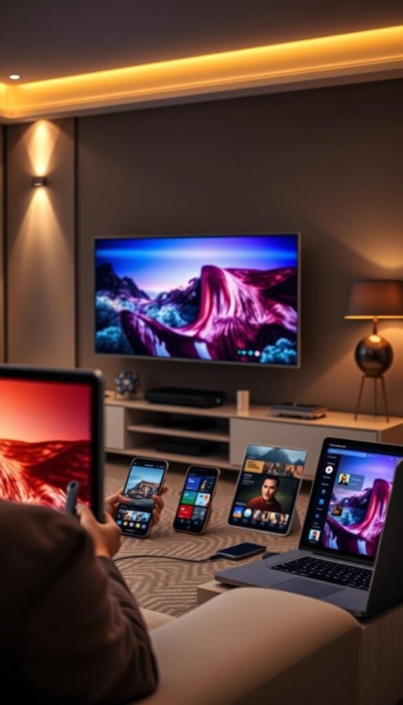 Cinematic shot of a modern living room with multiple electronic devices connected to a Hoxtoon Provider IPTV service. In the foreground, a stylish smart TV displays a vivid, high-quality image. In the middle ground, a tablet, smartphone, and laptop are seamlessly streaming content from the IPTV platform. The background features sleek, minimalist home decor, with strategically placed lighting fixtures casting a warm, inviting glow. The overall atmosphere conveys the convenience and flexibility of Hoxtoon Provider's multi-device IPTV support, allowing users to enjoy their favorite entertainment on a variety of screens simultaneously.