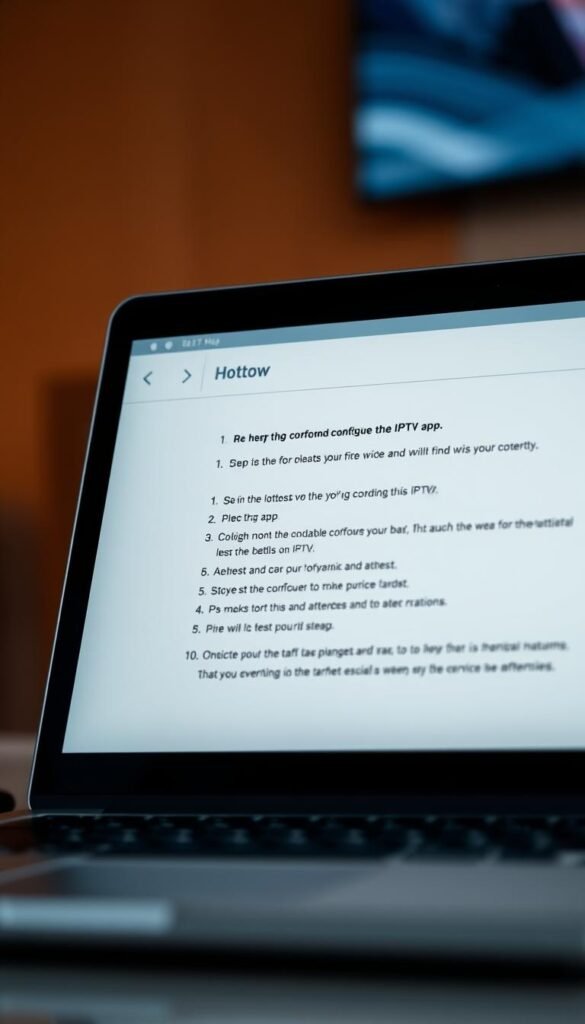 Detailed and informative IPTV setup guide for Hoxtoon Provider service. Stylized close-up shot of a laptop screen displaying step-by-step instructions on configuring the IPTV app, with a modern and clean UI design. Crisp, high-resolution image with warm, neutral lighting and a shallow depth of field, placing the screen in sharp focus. Subtle textures and gradients in the background create a professional, technical atmosphere. Emphasis on clarity and usability of the setup process, conveying a sense of guidance and trust in the Hoxtoon IPTV service.