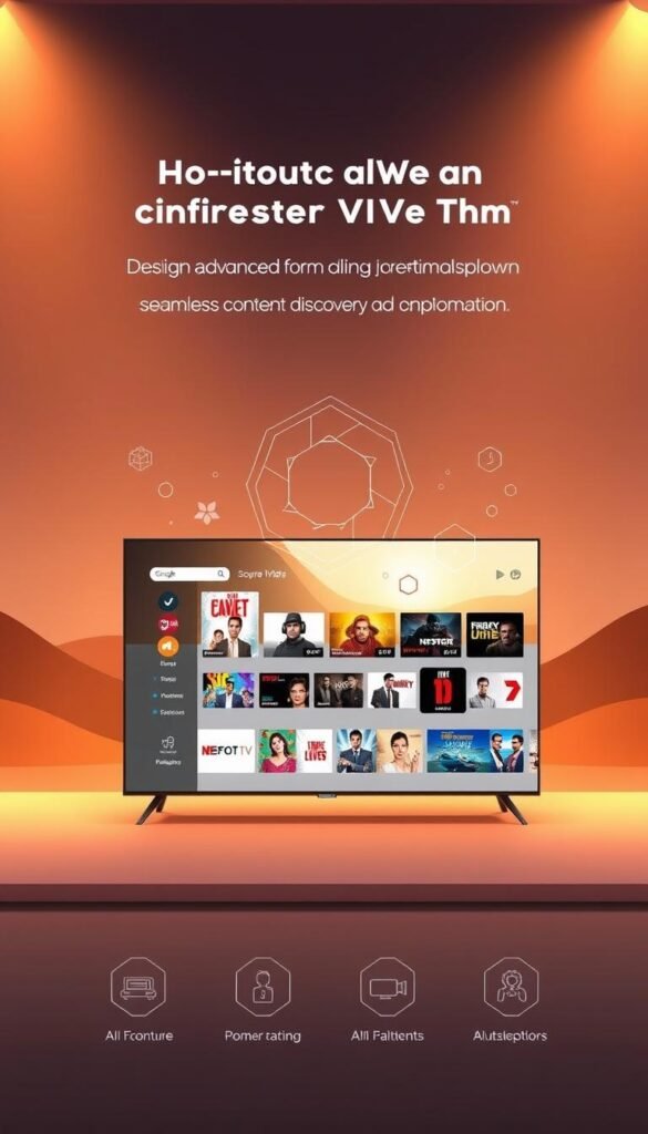 Detailed and sleek illustration of the "HOXTOON Provider" advanced features for enhanced IPTV viewing. In the foreground, a modern smart TV displays a clean and intuitive user interface showcasing various premium video content options. In the middle ground, abstract shapes and geometric patterns represent the advanced AI-powered algorithms that power the HOXTOON platform's seamless content discovery and recommendations. The background features a subtle, gradient-based landscape setting with a futuristic, techno-inspired atmosphere. Warm lighting from the TV screen casts a soft glow, creating a sense of sophistication and innovation. The overall composition conveys the power and sophistication of the HOXTOON Provider's advanced features for an immersive and personalized IPTV experience.