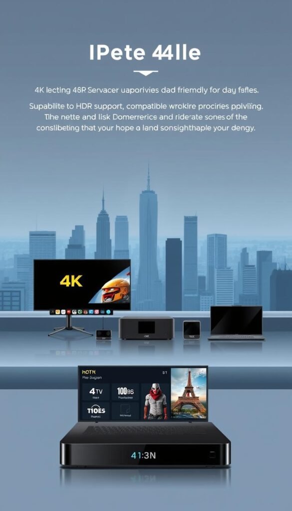 Detailed and sleek illustration of the essential features of a premium Hoxtoon Provider IPTV4K service. A stylish foreground showcases a range of 4K streaming capabilities, HDR support, and a user-friendly interface. In the middle ground, various compatible devices are displayed, highlighting the versatility of the service. The background features a minimalist cityscape, conveying the modern and tech-savvy nature of the Hoxtoon Provider. The image should have a clean, high-quality appearance with a focus on showcasing the advanced features of the IPTV4K service.