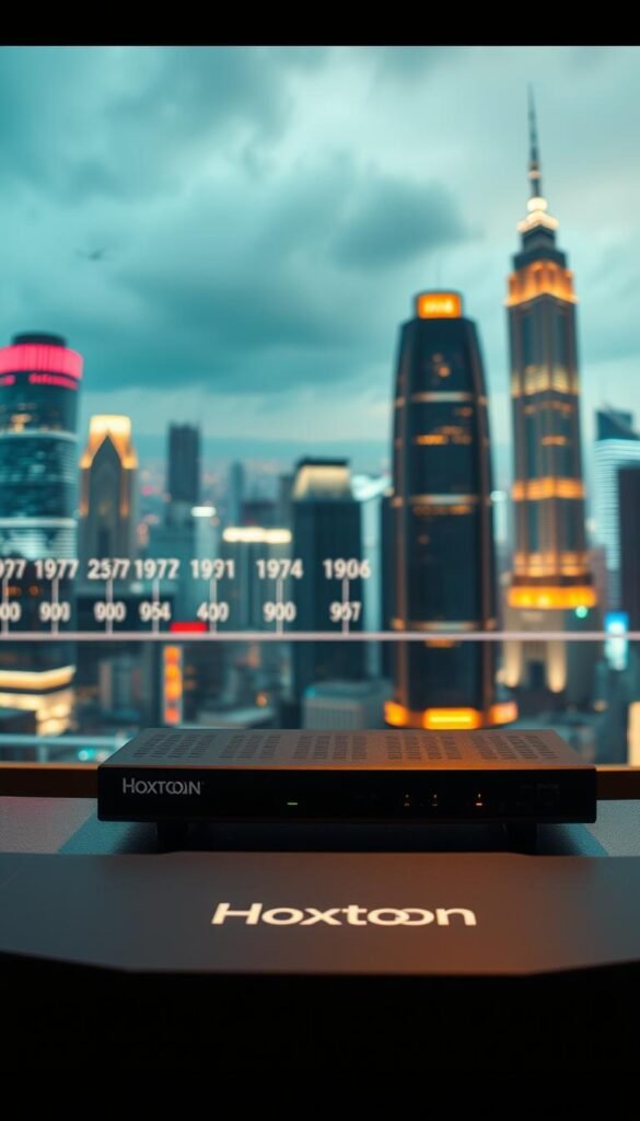 Detailed cinematic scene of the evolution of IPTV technology over time. In the foreground, a Hoxtoon Provider branded device prominently displayed, showcasing the latest advancements. The middle ground features a timeline of IPTV milestones, from early set-top boxes to modern cloud-based platforms. In the background, a vibrant cityscape with towering skyscrapers and glowing neon lights, symbolizing the digital transformation and rapid growth of the IPTV industry. Warm lighting casts a nostalgic, futuristic glow, creating a sense of progress and innovation. Camera angle is slightly elevated to provide an immersive, panoramic view of the scene.