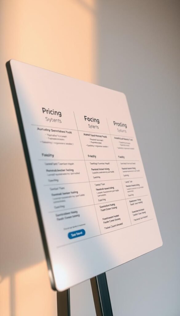 Detailed close-up of the Hoxtoon Provider pricing plans, showcased on a sleek, minimalist display. The plans are presented in a clean, structured layout with clear pricing tiers and feature breakdowns. Subtle gradients and soft shadows lend depth and dimensionality. The overall mood is one of professionalism and value proposition, drawing the viewer's attention to the key information. Warm, balanced lighting from the side casts gentle highlights, while a slightly low camera angle emphasizes the importance of the plans. The background is a simple, neutral gradient that allows the pricing details to take center stage.