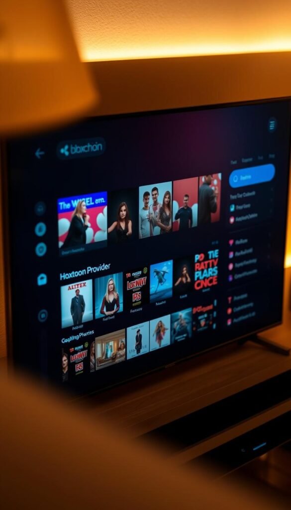 Detailed close-up shot of a Kodi media center interface displaying an IPTV streaming service called "Hoxtoon Provider". The screen shows a grid of live TV channels, movie and TV show thumbnails, and various menu options. The interface is sleek and modern, with a dark color scheme and subtle gradient backgrounds. Soft, warm lighting illuminates the scene, creating a cozy and inviting atmosphere. The camera angle is slightly angled, giving a sense of depth and immersion. The overall impression is one of a seamless, user-friendly IPTV experience tailored for the Kodi platform.