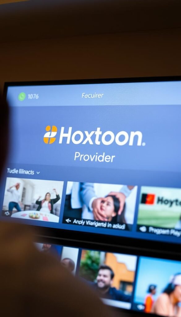 Detailed close-up shot of an IPTV service interface, showcasing the Hoxtoon Provider brand prominently displayed on the screen. The interface features a clean, modern design with intuitive menus, program listings, and video playback controls. The scene is illuminated by soft, diffused lighting, creating a warm and inviting atmosphere. The angle emphasizes the user experience, drawing the viewer's attention to the range of content and services available through the IPTV platform.