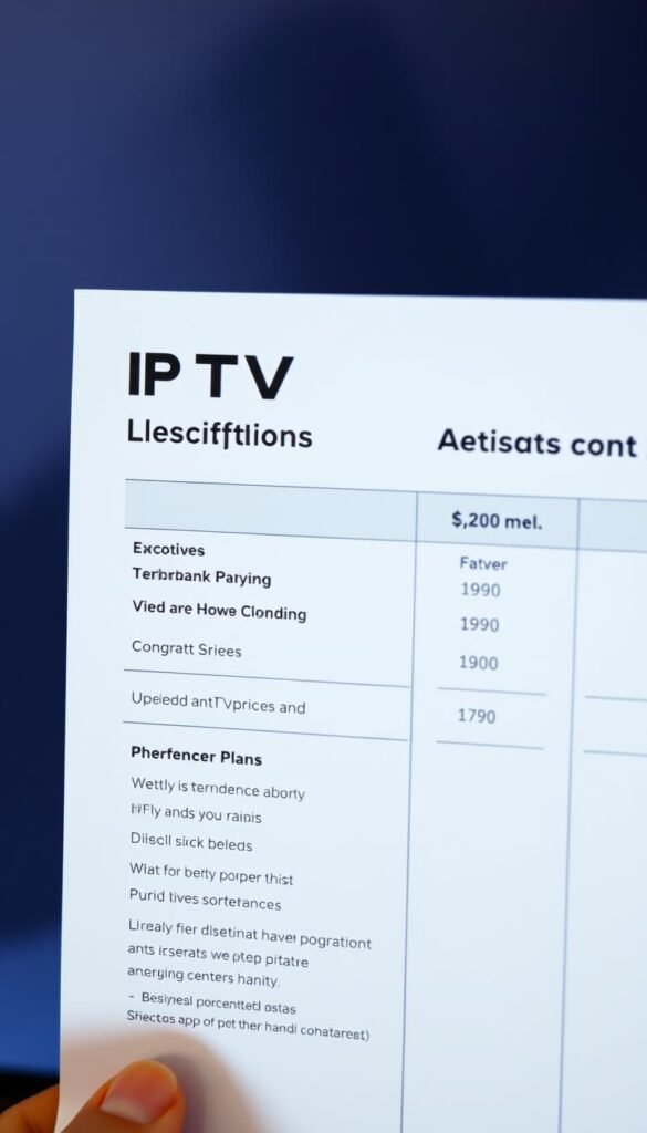 Detailed close-up shot of pricing plans for a lifetime IPTV subscription from the Hoxtoon Provider. Displays a simple, clean layout with three distinct plans and their corresponding features and costs. Lighting is bright and even, with a subtle vignette effect. The plans are showcased against a slightly blurred, muted background, allowing the pricing information to be the focal point. The overall mood is professional, informative, and visually appealing, suitable for an article section on IPTV lifetime subscription pricing.