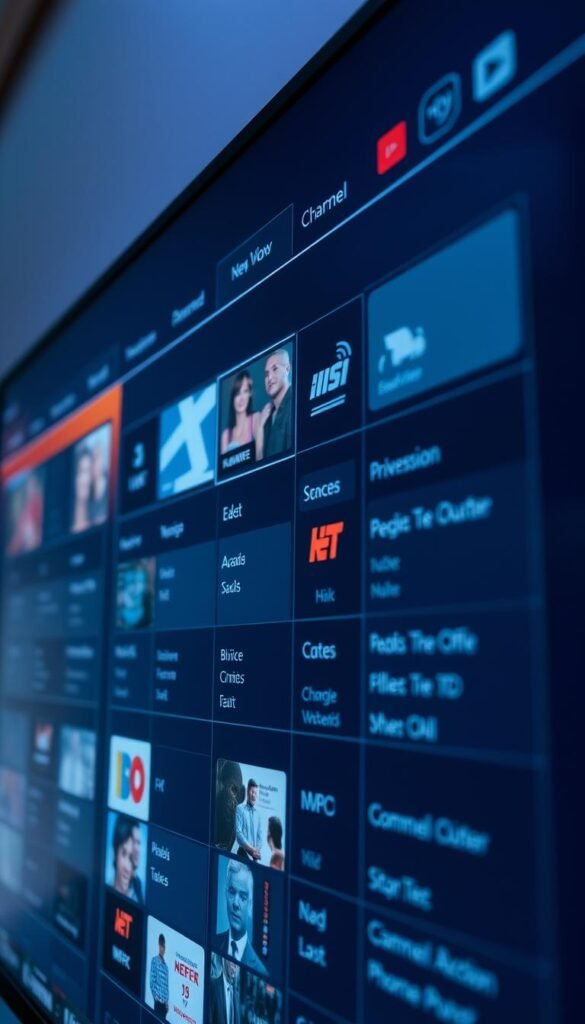 Detailed close-up view of an electronic program guide (EPG) interface for an IPTV service, showcasing the advanced features of the "Hoxtoon Provider" system. The EPG displays a comprehensive grid-style layout with clear channel icons, detailed program information, and an intuitive navigation layout. The interface features a sleek, modern design with a cool, minimalist color palette, crisp typography, and clean lines. Soft, directional lighting from the top left creates depth and highlights the various UI elements. The scene conveys a sense of functionality, organization, and technological sophistication.