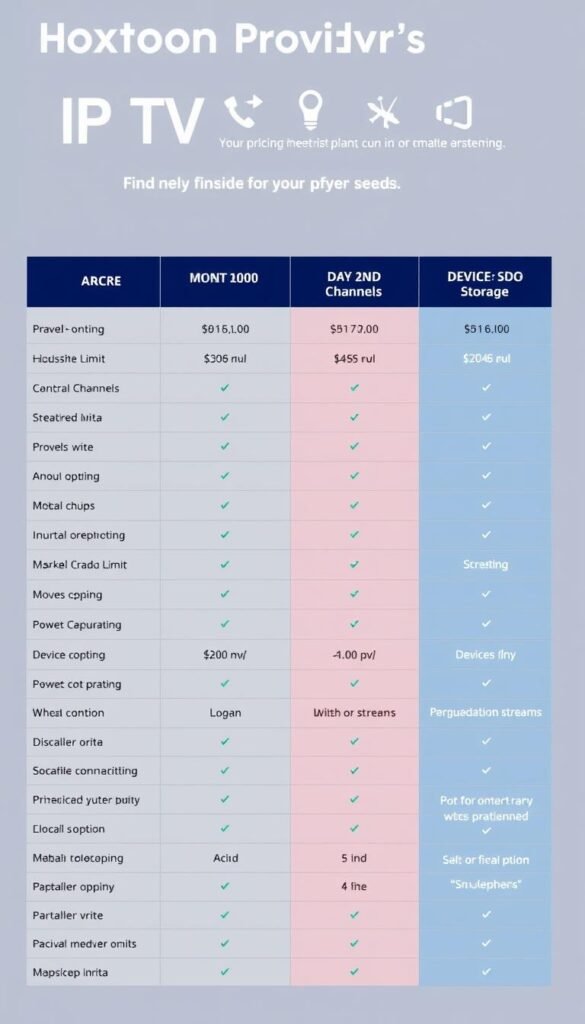Detailed comparison of Hoxtoon Provider's IPTV pricing plans, showcasing their various subscription options, features, and value propositions. The image should depict a clean, minimalist table or grid layout with distinct columns highlighting the plan names, monthly/annual costs, channel counts, device limits, and any additional perks like DVR storage or simultaneous streams. Use a muted, professional color palette, with subtle grid lines and icons to visually differentiate the plan details. Capture the essence of finding the best value for one's IPTV needs, presented in a sleek, informative manner.