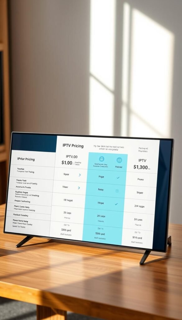 Detailed comparison of IPTV pricing plans from Hoxtoon Provider, showcasing their offerings for families. A sleek, minimalist table displayed on a stylish wooden desk, with clean typography and intuitive icons. Soft, natural lighting illuminates the scene, creating a warm and inviting atmosphere. The layout is well-organized, highlighting the key features, prices, and number of connections for each plan. The overall impression conveys professionalism, clarity, and a sense of value for the viewer.
